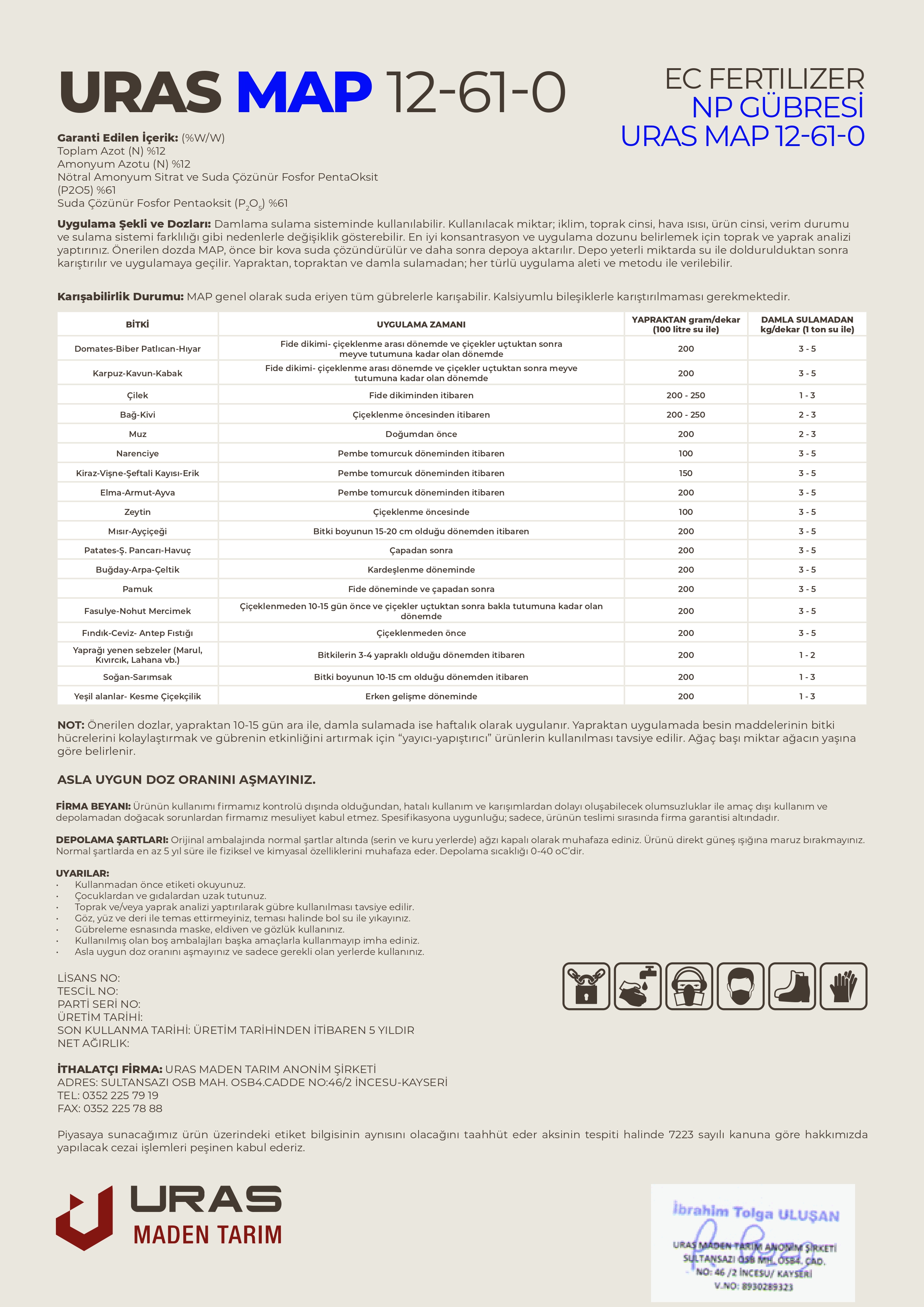 Uras MAP Ürün Etiketi Arka Yüz